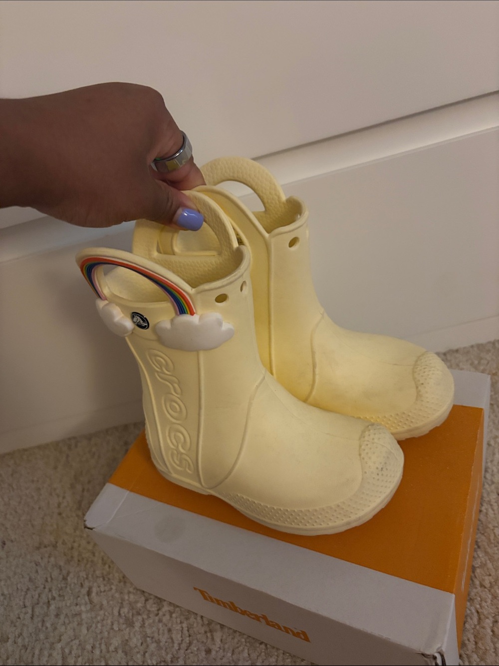 CROCS Yellow Kids Rain Boots with Rainbow Charm